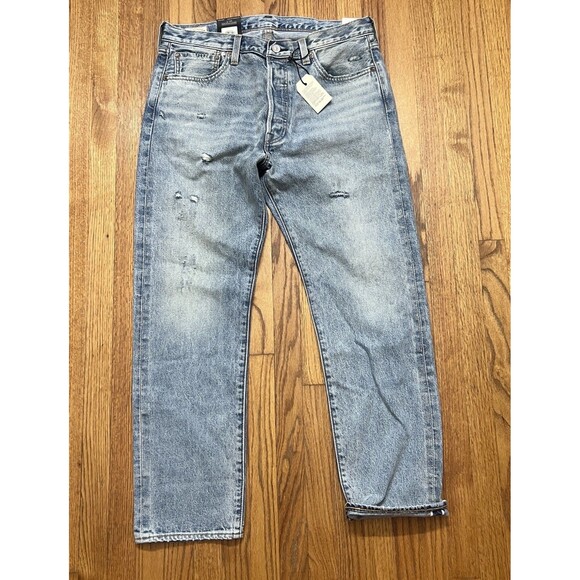 Levis Mens 501 Slim Taper Distressed Selvedge Denim Light Wash Jeans Size 35x30 - Picture 1 of 12